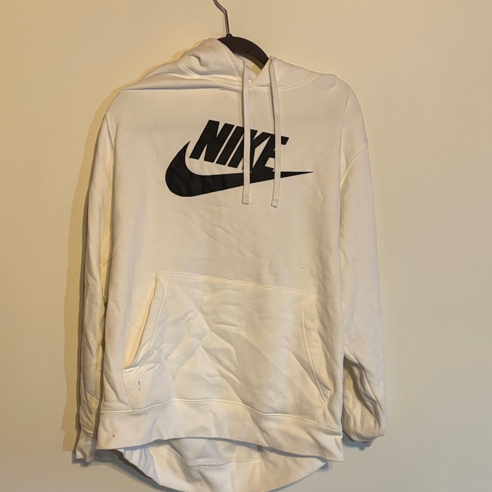 Nike Men's White Hoodie with Black Logo - detergent stain on bottom left